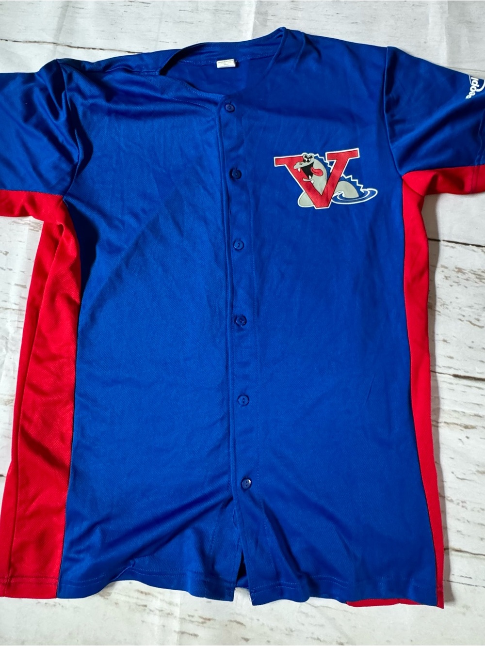 Blue and Red Men's Jersey Shirt with Vermont Lake Monsterd Logo